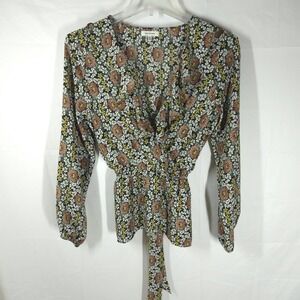 Max Studio‎ Blouse L Peplum Faux Wrap V-Neck Long Sleeve Floral Boho Retro